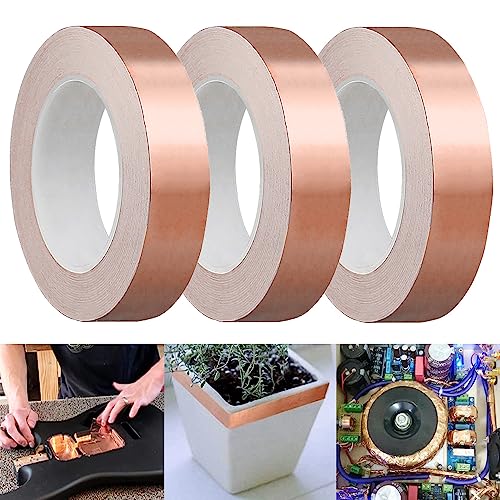 SKYPRO Kupferfolienband, Schneckenabwehrband, doppelseitig, leitfähig, selbstklebend, Kupfer-Absperrband für EMI-Abschirmung, Buntglas, Gitarre, Pflanzenschutz, 20 mm x 10 m, 3 Rollen von SKYPRO
