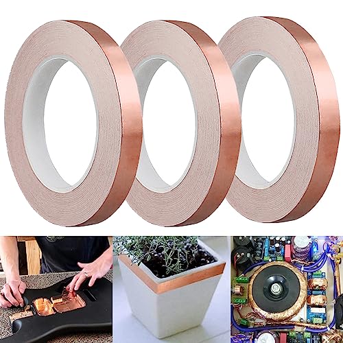 SKYPRO Kupferfolienband, Schneckenabwehrband, doppelseitig, leitfähig, selbstklebend, für EMI-Abschirmung, Glasmalerei, Gitarre, Pflanzenschutz, 12 mm x 10 m, 3 Rollen von SKYPRO