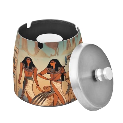 SKYSHU Ägyptische Wandbilder Aschenbecher mit abnehmbarem Deckel und Anti-Rutsch-Pad, kratzfester Edelstahl-Zigarettenaschenbecher rauchfrei, geruchlos, winddicht, Zigarren-Aschenbecher für Raucher, von SKYSHU