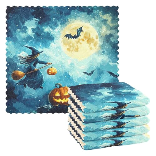 SKYSHU Halloween-Hexen-Mikrofaser-Küchenwaschlappen, weich, saugfähig, Plüsch-Geschirrtücher, wiederverwendbar, waschbar, Tischreinigungstücher, antihaftbeschichtet, Öl, schnell trocknend, 27,9 x 27,9 von SKYSHU