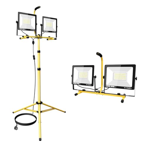 SKYWORLD 2 x 100W LED Baustrahler mit Stativ, Tripod Ständer LED Strahler, Wasserdicht Baustellenstrahler für Werkstatt, Baustelle, Camping, Garage, Garten 6000K Kaltweiß Arbeitsleuchte von SKYWORLD