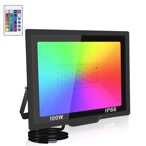 SKYWORLD RGB LED Strahler 100W mit Fernbedienung – 16 Farben, 4 Modi, Dimmbar, IP66 Wasserdicht für Garten, Garage, Innen- & Außenbereich von SKYWORLD