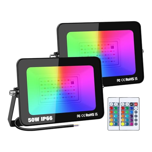 SKYWORLD 2 Stück LED Strahler Außen, 50W RGB Fluter mit Fernbedienung, LED Flutlichtstrahler Scheinwerfer mit 16 Farben 4 Modi, Wasserdicht für Aussen Innen Garten Baum Landschaft Stimmungslicht von SKYWORLD
