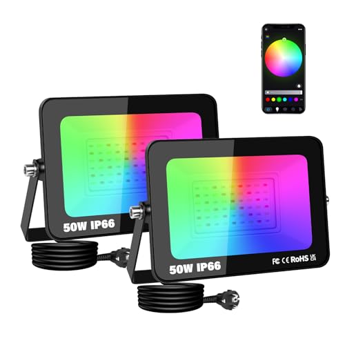 SKYWORLD 2 x 50W RGB LED Strahler, Smart LED Fluter Flutlicht mit APP-Steuerung, RGBW Farbwechsel Dimmbar Wasserdicht Außenstrahler Flutlichtstrahler für Garten Hof Party Stimmungslichter SKYWORLD 2 x 50W RGB LED Strahler, Smart LED Fluter Flutlicht mit APP-Steuerung, RGBW Farbwechsel Dimmbar Wasserdicht Außenstrahler Flutlichtstrahler für Garten Hof Party Stimmungslichter von SKYWORLD