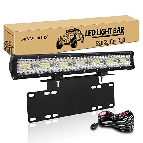 SKYWORLD 20 Zoll 420W Led Arbeitsscheinwerfer Bar mit 12V kabelbaum kit, light bar Kennzeichenhalter Front Stoßstange Bull Bar, LED Zusatzscheinwerfer Bar für 4x4 Auto Offroad Truck Traktor LKW KFZ von SKYWORLD