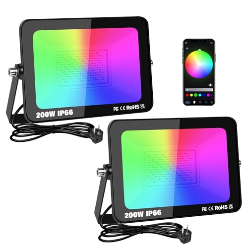 SKYWORLD 200W RGB Led Strahler 2 Stücke,Led Strahler Außen Farbig mit Fernbedienung Bluetooth App,16 million Farben Gruppierung Timer,IP66 RGB Fluter für Aussen Innen Garten Hinterhof Garage von SKYWORLD