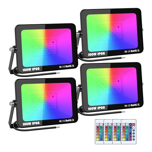 SKYWORLD 4 Stück LED Strahler Außen, 100W RGB Fluter mit Fernbedienung, LED Flutlichtstrahler Scheinwerfer mit 16 Farben 4 Modi, Wasserdicht für Aussen Innen Garten Baum Landschaft Stimmungslicht von SKYWORLD