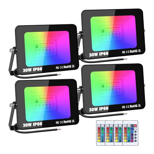 SKYWORLD 4 Stück LED Strahler Außen, 30W RGB Fluter mit Fernbedienung, LED Flutlichtstrahler Scheinwerfer mit 16 Farben 4 Modi, Wasserdicht für Aussen Innen Garten Baum Landschaft Stimmungslicht von SKYWORLD