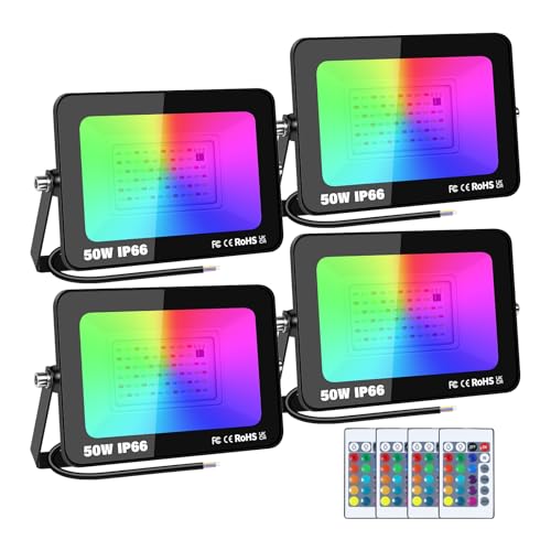 SKYWORLD 4 Stück LED Strahler Außen, 50W RGB Fluter mit Fernbedienung, LED Flutlichtstrahler Scheinwerfer mit 16 Farben 4 Modi, Wasserdicht für Aussen Innen Garten Baum Landschaft Stimmungslicht von SKYWORLD
