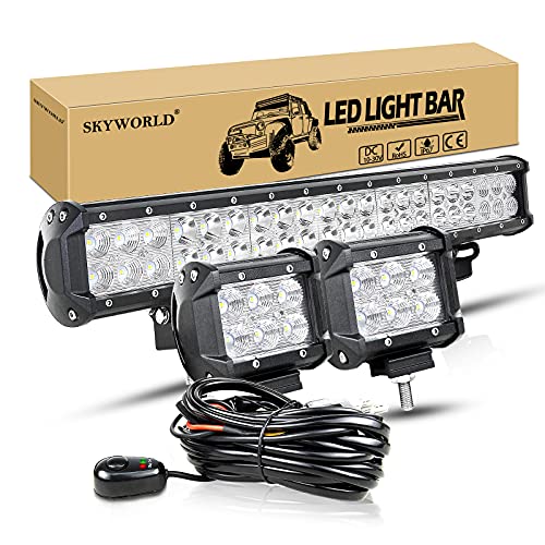 SKYWORLD LED-Flutlicht, zweireihig 50,8 cm 126W 10-30V wasserdicht, für Geländewagen 4x4 + 2 x 18W 10,2 cm Flutlicht LED-Pods Arbeitsleuchte mit Kabelbaum, Kit von SKYWORLD