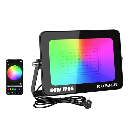 SKYWORLD LED RGB Strahler 1 Stück,50W Smart RGB Strahler mit Fernbedienung Bluetooth App,LED Strahler Bunt Flutlichtstrahler Farbwechsel Scheinwerfer,IP66 RGB Flutlicht für Hinterhof Garage Garten SKYWORLD LED RGB Strahler 1 Stück,50W Smart RGB Strahler mit Fernbedienung Bluetooth App,LED Strahler Bunt Flutlichtstrahler Farbwechsel Scheinwerfer,IP66 RGB Flutlicht für Hinterhof Garage Garten von SKYWORLD