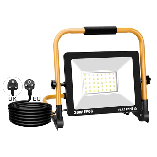 SKYWORLD Tragbar LED Baustrahler 30W 3000LM LED Arbeitsleuchter mit Stecker und 3m Netzkabel, IP66 Wasserdichtes Arbeitsscheinwerfer Bauscheinwerfer für Werkstatt oder Baustelle Garage 6000K Weiß von SKYWORLD