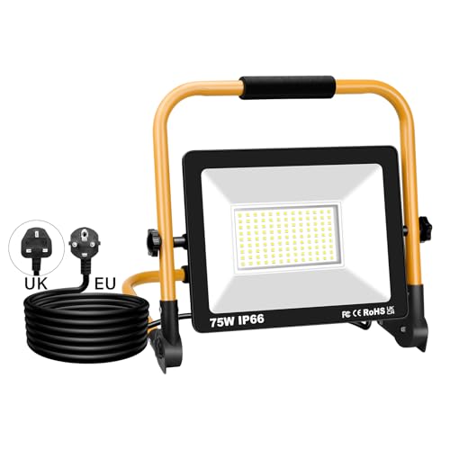SKYWORLD Tragbar LED Baustrahler 75W 7500LM LED Arbeitsleuchter mit Stecker und 3m Netzkabel, IP66 Wasserdichtes Arbeitsscheinwerfer Bauscheinwerfer für Werkstatt oder Baustelle Garage, 6000K Weiß SKYWORLD Tragbar LED Baustrahler 75W 7500LM LED Arbeitsleuchter mit Stecker und 3m Netzkabel, IP66 Wasserdichtes Arbeitsscheinwerfer Bauscheinwerfer für Werkstatt oder Baustelle Garage, 6000K Weiß von SKYWORLD