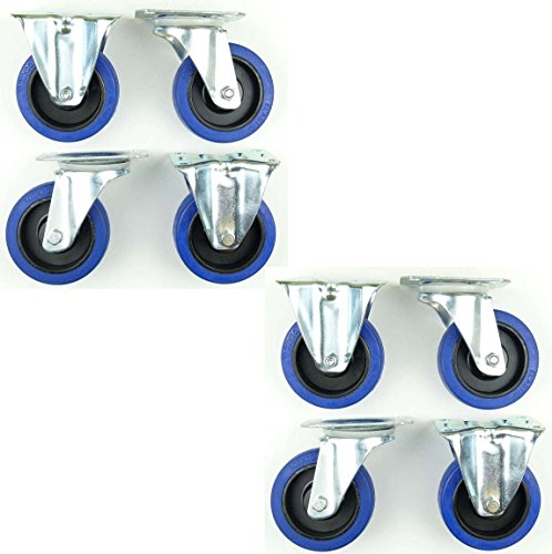 2 Satz 100mm Blue Wheels Transportrollen Lenkrollen + Bockrollen, Elastik-Rad blau, 180kg / Rad - INDUSTRIEQALITÄT (4x Lenk + 4x Bock) von SL-Rollen