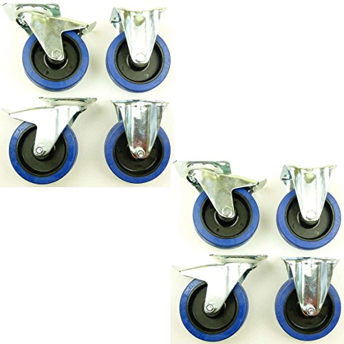 2 Satz 125mm Blue Wheels Lenkrollen mit Bremse/Feststellbremse + Bockrollen, Transportrollen Blau, 200kg / Rad - INDUSTRIEQALITÄT (4x Brems + 4x Bock) von SL-Rollen
