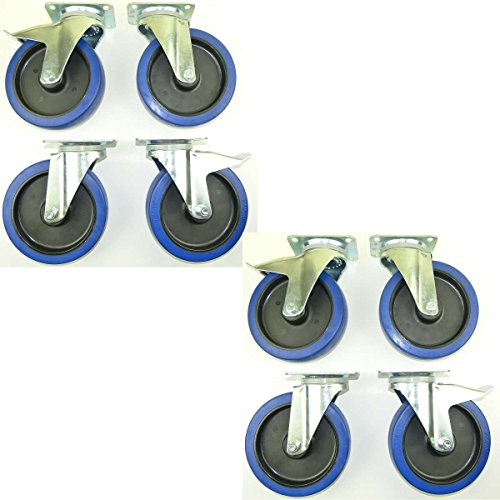 2 Satz 200mm Blue Wheels Lenkrollen mit Bremse/Feststellbremse, Lenk/FS Transportrollen 350kg / Rad - INDUSTRIEQALITÄT (4x Brems + 4x Lenk) von SL-Rollen