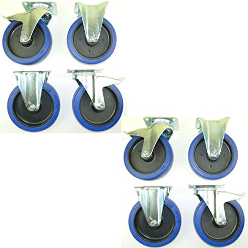 2 Satz 200mm Blue Wheels Lenkrollen mit Bremse/Feststellbremse + Bockrollen, Transportrollen Elastik Blau 350kg / Rad - INDUSTRIEQALITÄT (4x Brems + 4x Bock) von SL-Rollen