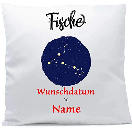 Kissen mit Namen Sternzeichen Fische Datum 40x40 cm inkl. Füllung Kuschelkissen Wunschtext, Kissen Farbe:Vorderseite + RS weiß strukturierte Oberfläche von SL-Store GbR
