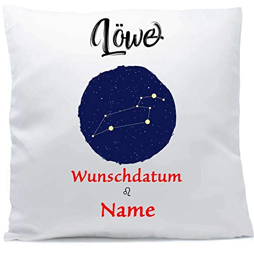 SL-Store GbR Kissen mit Namen Sternzeichen Löwe Datum 40x40 cm inkl. Füllung Kuschelkissen Wunschtext, Kissen Farbe:Vorderseite + RS weiß strukturierte Oberfläche von SL-Store GbR