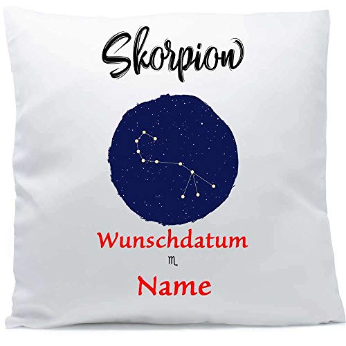 SL-Store GbR Kissen mit Namen Sternzeichen Skorpion Datum 40x40 cm inkl. Füllung Kuschelkissen Wunschtext, Kissen Farbe:Vorderseite + RS weiß strukturierte Oberfläche von SL-Store GbR