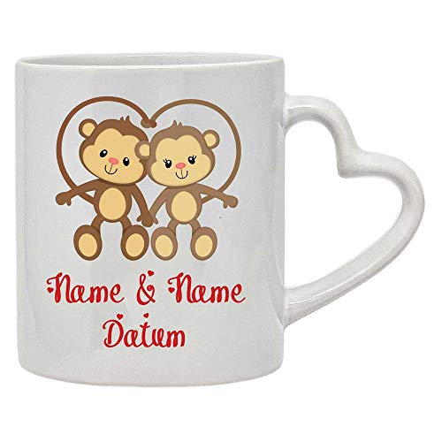 Tasse Herztasse mit Namen Datum/Wunschtext Liebe Affen Affe 270 ml weiß Jahrestag spülmaschinengeeignet von SL-Store GbR
