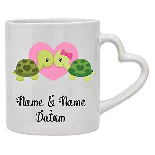 Tasse Herztasse mit Namen Datum/Wunschtext Liebe Herz rosa Schildkröten Schildkröte 270 ml weiß Jahrestag spülmaschinengeeignet von SL-Store GbR