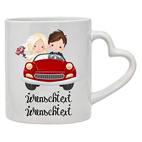 Tasse Herztasse mit Namen Datum/Wunschtext Liebe Hochzeitsauto rot Brautpaar 270 ml weiß Hochzeitstag spülmaschinengeeignet von SL-Store GbR