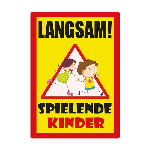 SL group - 1 Schild "Langsam! Spielende Kinder" 20 x 30 cm aus extra stabiler PVC Kunststoff-Platte - Warnschild Vorsichtig hier Spielen Kinder - Achtung Spielstraße bitte langsam fahren Warnhinweis von SL group