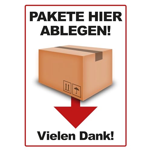 SL group - 1 Schild "Paket hier ablegen! Vielen Dank!" in 20 x 30 cm aus extra stabiler PVC Kunststoff-Platte - Ablage- & Abladestelle Hinweisschild für Postbote, Paketdienst & Paketzusteller von SL group