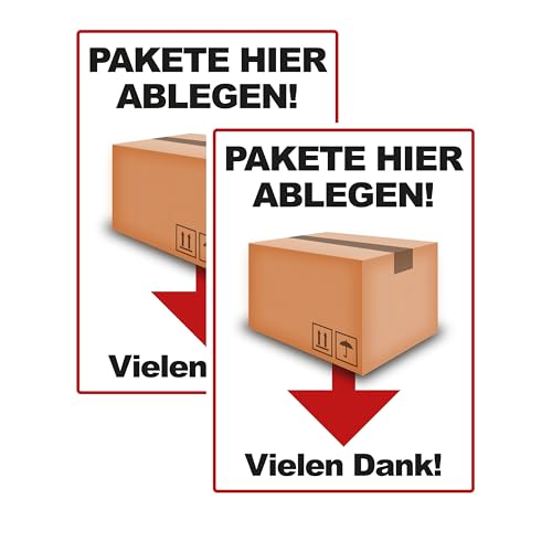 SL group - 2 Schilder "Paket hier ablegen! Vielen Dank!" in 20 x 30 cm aus extra stabiler PVC Kunststoff-Platte - Ablage- & Abladestelle Hinweisschild für Postbote, Paketdienst & Paketzusteller von SL group