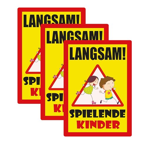SL group - 3 Schilder "Langsam! Spielende Kinder" 20 x 30 cm aus extra stabiler PVC Kunststoff-Platte - Warnschild Vorsichtig hier Spielen Kinder - Achtung Spielstraße bitte langsam fahren Warnhinweis von SL group