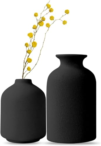 Keramik Vasen-Set of 2 Kleine Vasen Deko Weiße Blumenvasen Modern Rustikale Bauernhaus Home Decor Keramikvase,Dekorative für Pampasgras Grass&getrocknete Blumen (2 Schwarz) von SLAKOZYT