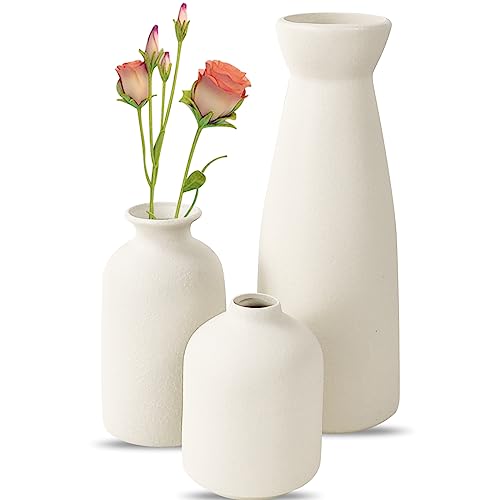 Keramik Vasen-Set of 3 Kleine Vasen Deko Weiße Blumenvasen Modern Rustikale Bauernhaus Home Decor Keramikvase,Dekorative für Pampasgras Grass&getrocknete Blumen (Reis Weiß) von SLAKOZYT
