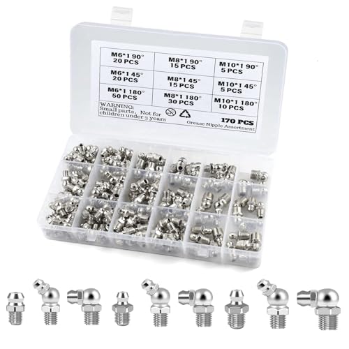 170 Stück Schmiernippel Set, Schmiernippel Sortiment Kit,M6 M8 M10 in 45° 90° 180° - Vernickeltes Eisen Schmiernippel Sortiment mit Aufbewahrungsbox für Schmierpressen, Maschinenbau & Fahrzeugwartung von SLAKOZYT