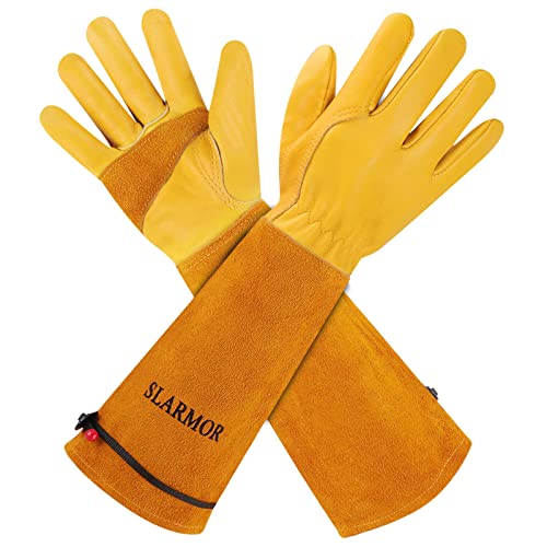 SLARMOR Gartenhandschuhe aus Leder für Damen und Herren - Dornensicher zum Beschneiden von Rosen, mit Unterarmschutz, Lange Rindsleder Arbeitshandschuhe für Garten und Haushaltsaufgaben von SLARMOR