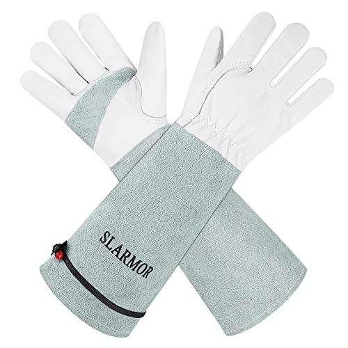 SLARMOR Gartenhandschuhe aus Leder für Damen und Herren - Dornensicher zum Beschneiden von Rosen, mit Unterarmschutz, Lange Rindsleder Arbeitshandschuhe für Garten und Haushaltsaufgaben von SLARMOR