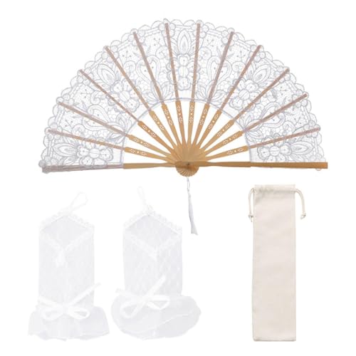 SLAXJNE Weißer Spitzen-Faltfächer Mit Aufbewahrungstasche, Netzhandschuhe, Hohler Bestickter Fächer, Eleganter Dekorativer Faltfächer, Retro-Ankleide-Requisiten von SLAXJNE