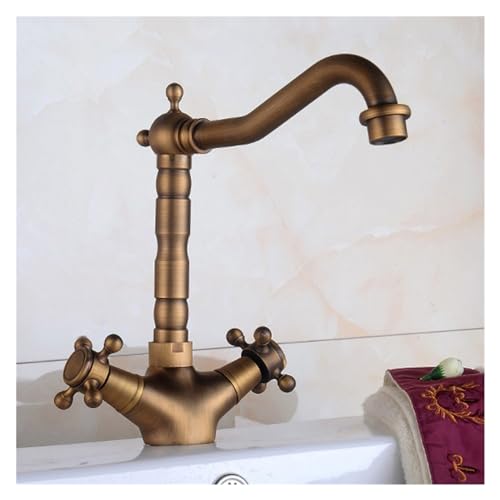 Beckenarmaturen Antiquitäten Messing Bad Waschbecken Wasserhahn 360 Grad Schwenk aus, Doppelgriff Bad Küchenmischer Heißer und kaltes Wasserhahn, Chrom -Badezimmer -Wasserhahn von SLCHJX