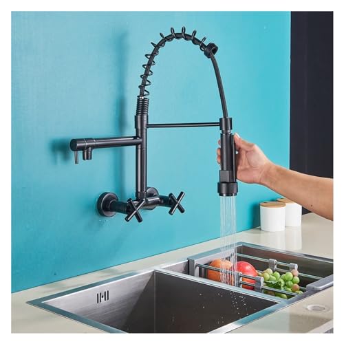 Matt schwarze wand montierte küchenarmatur heiße kalte Wassermischer TAP kompatibel mit Küche Pull Down Spray 360 Rotation Küchenmischer Haken, Küchenspüle Wasserhahn Matt schwarze wand montierte küchenarmatur heiße kalte Wassermischer TAP kompatibel mit Küche Pull Down Spray 360 Rotation Küchenmischer Haken, Küchenspüle Wasserhahn von SLCHJX