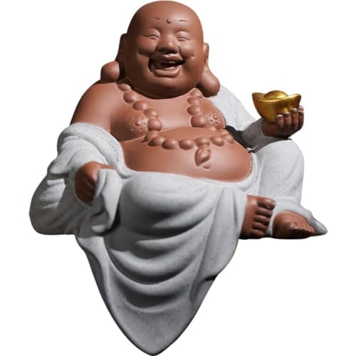 Wandlampe Buddha Ornament Figur, 7,3 Zoll Kleine Buddha Statue Keramik Lachen Buddha Skulpturen für Wohnkultur Ornamente Garten Buddha Statue (a) Halterung Licht von SLCHJX