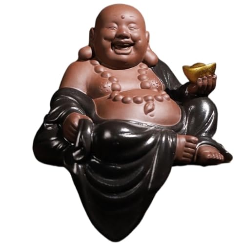 Wandlampe Buddha Ornament Figur, 7,3 Zoll Kleine Buddha Statue Keramik Lachen Buddha Skulpturen für Wohnkultur Ornamente Garten Buddha Statue (a) Halterung Licht von SLCHJX