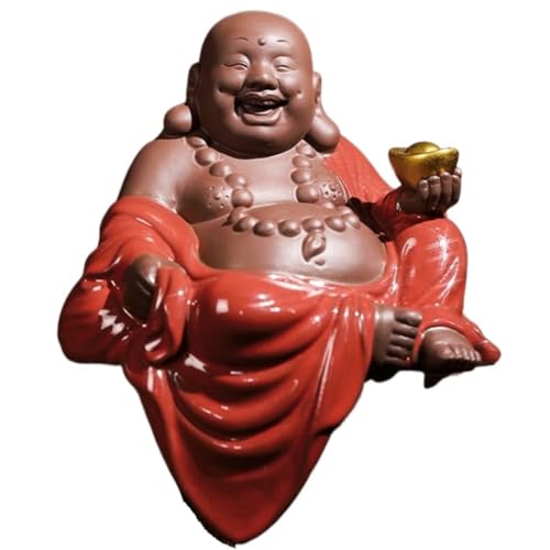 Wandlampe Buddha Ornament Figur, 7,3 Zoll Kleine Buddha Statue Keramik Lachen Buddha Skulpturen für Wohnkultur Ornamente Garten Buddha Statue (a) Halterung Licht von SLCHJX
