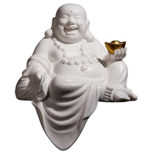 Wandlampe Buddha Ornament Figur, 7,3 Zoll Kleine Buddha Statue Keramik Lachen Buddha Skulpturen für Wohnkultur Ornamente Garten Buddha Statue (a) Halterung Licht von SLCHJX