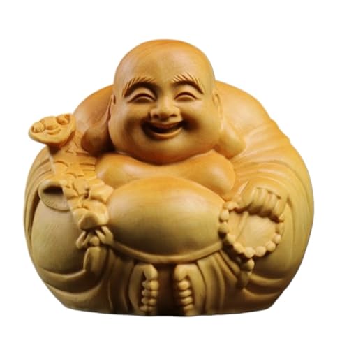 Wandlampe Buddha Ornament Figur, Boxholz Laughing Buddha Happy Buddha Statue Figuren für Home Office Car Decor Garten Buddha Statue (4,5 cm) Halterung Licht von SLCHJX