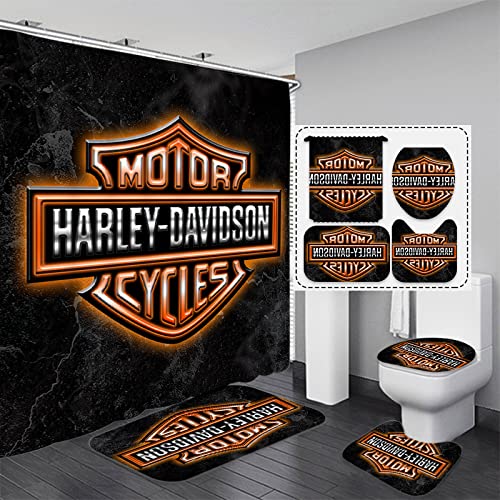 SLCSL 4-teiliges Harley Davidson Duschvorhang-Set für Badezimmer, rutschfest, WC-Vorleger + WC-Deckelbezug + Badematte + Duschvorhang (180cm×180cm,A 11) von SLCSL