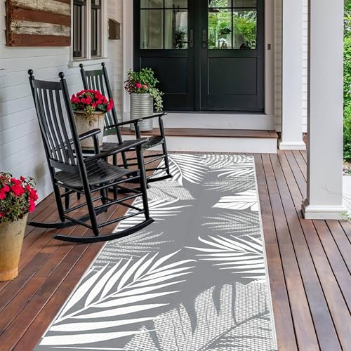 SLDAGe Outdoor Teppich Läufer Lang Terassenteppich Aussenteppich Wetterfest UV-Beständig Reversible Campingteppich Outdoor Gartenteppich Gewebt Kunststoff Outdoorteppich,Grey+White,3'x8'/90x240cm von SLDAGe