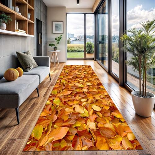 SLDAGe Teppich Läufer Flur rutschfest 3D Herbst Laubabwerfend Küchen Teppich Lang Waschbarer Teppich Läufer Meterware Teppichläufer für Korridor, Küche, Eingang,Badezimmer,Schlafzimmer,90x480cm von SLDAGe