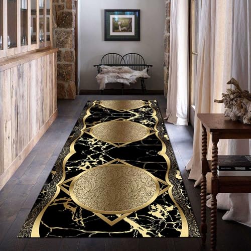 SLDAGe Teppich Läufer Gold Schwarz Luxus Teppich Flur Lang Modern Marmor Rutschfester Küchen Teppiche Läufer für Schlafzimmer Eingang Küche Wohnzimmer Lounge Bodenteppiche,80x260cm/32x102 in von SLDAGe
