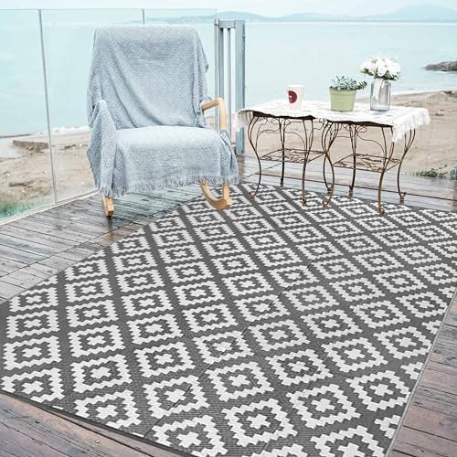 SLDAGe Teppich Terrasse Grau & Weiß Garten Teppich Wasserfest Outdoor Campingteppich Picknickdecke Flachgewebe Aussenteppich für Balkon, Terrasse und Garten,9x12ft/270x360cm von SLDAGe