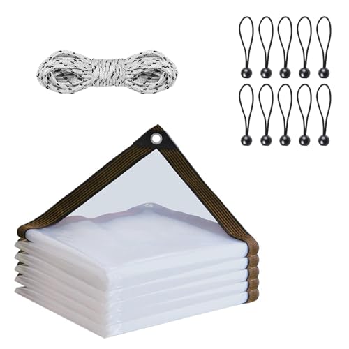 Transparente Plane 150x200cm, wasserdichte Windschutzfolie mit UV-Beständigkeit & Metall Ösen mit 10 Stretch Cord+10m Seil, Ganzjährig für Gewächshaus, Autoabdeckung, Industrie, Garten von SLDHFE
